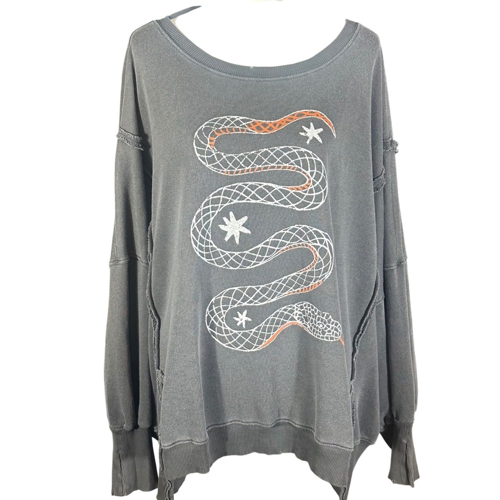 Free People Camden Sweatshirt NWT Women M Gray We The Free Snake Graphic